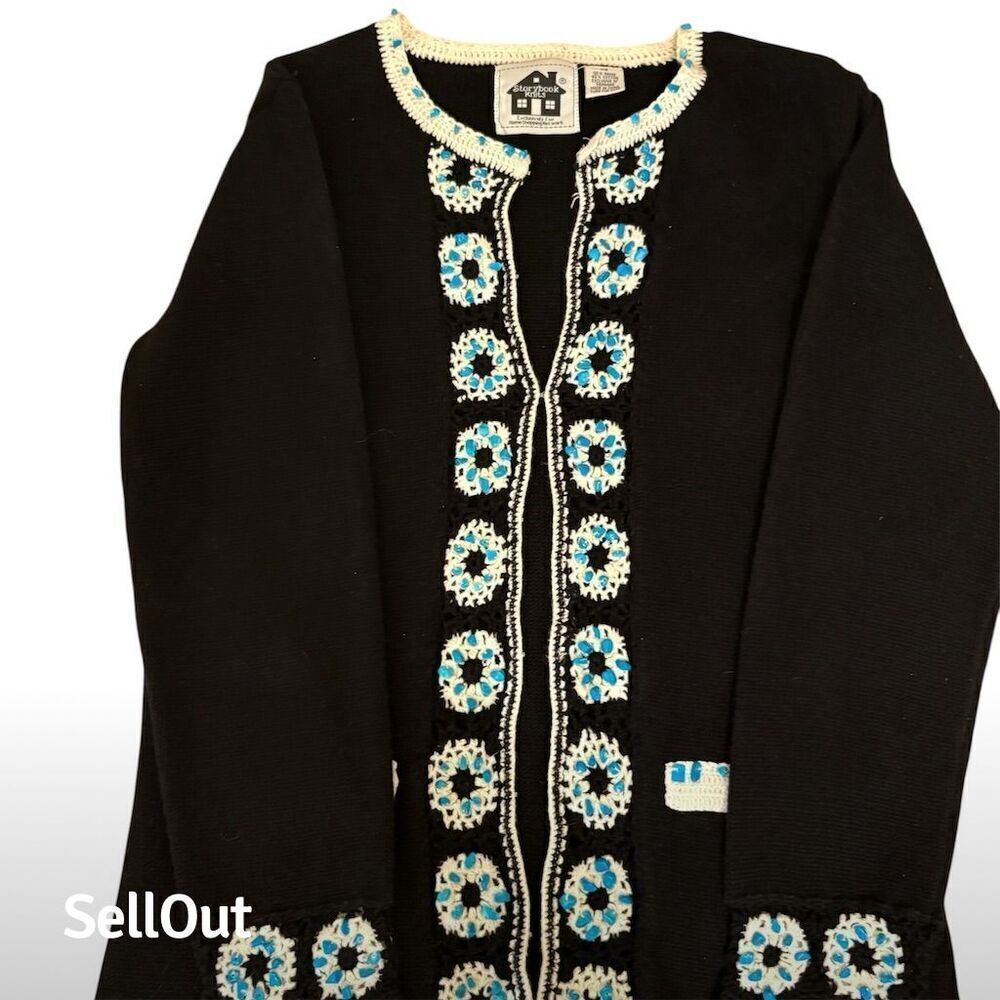 Storybook Knits Women's XS Black Sweater Crochet Flowers & Beading